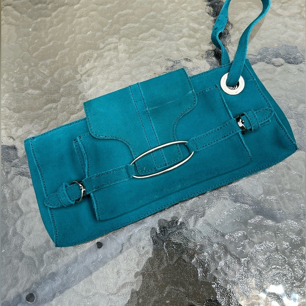 VTG Y2K Arden B. Turquoise/teal Leather suede Buckle Clutch Purse